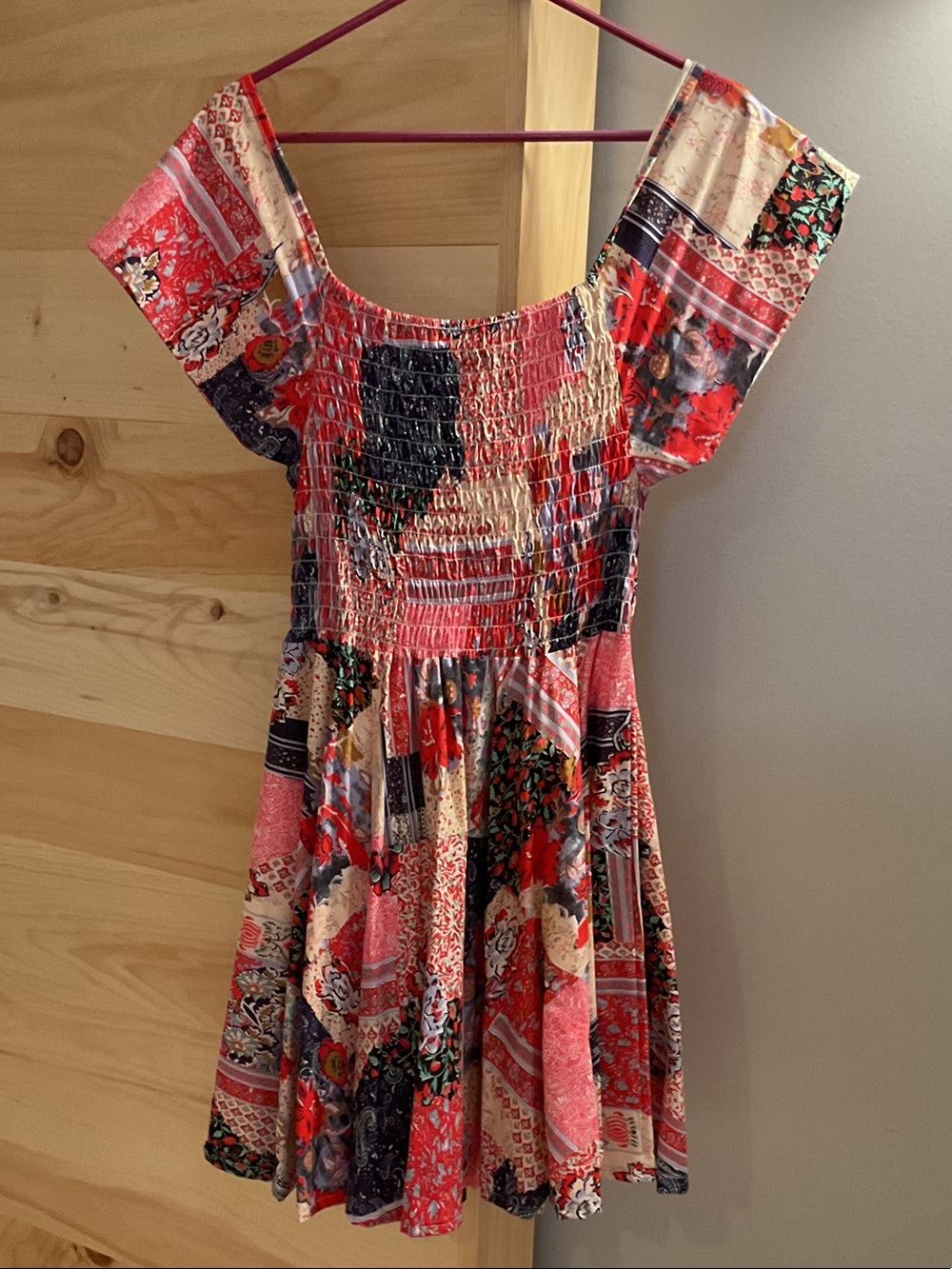 NWT, Women’s Red Patchwork Midi Dress with Smocked Bodice
